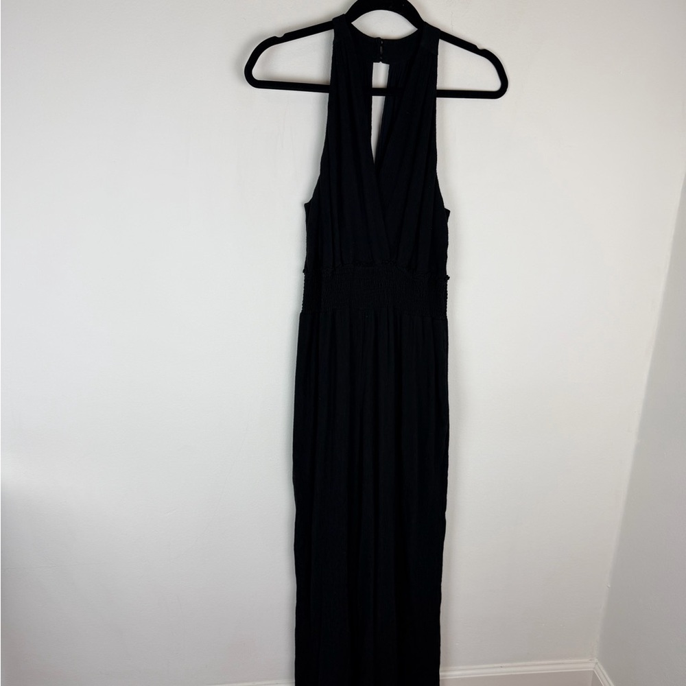 Anthropologie Bionda Plisse Jumpsuit Black Wide Leg Size Large L Petite - Picture 3 of 8